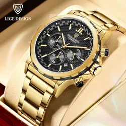 LIGE Men’s Watches Top Brand Big Sport Watch Luxury Men Military Steel Quartz Wrist Watches Chronograph Gold Design Male Clock