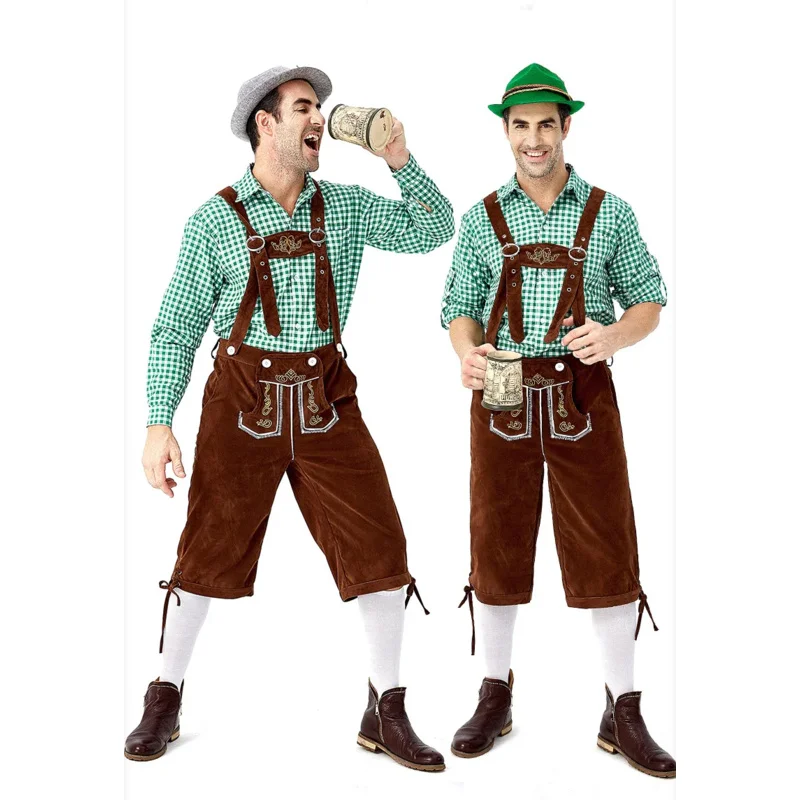 Adults Oktoberfest German Bavarian Shorts Outfit Overalls Shirt Hat Suspenders Short Set Halloween Costume Men Costumes Clothing