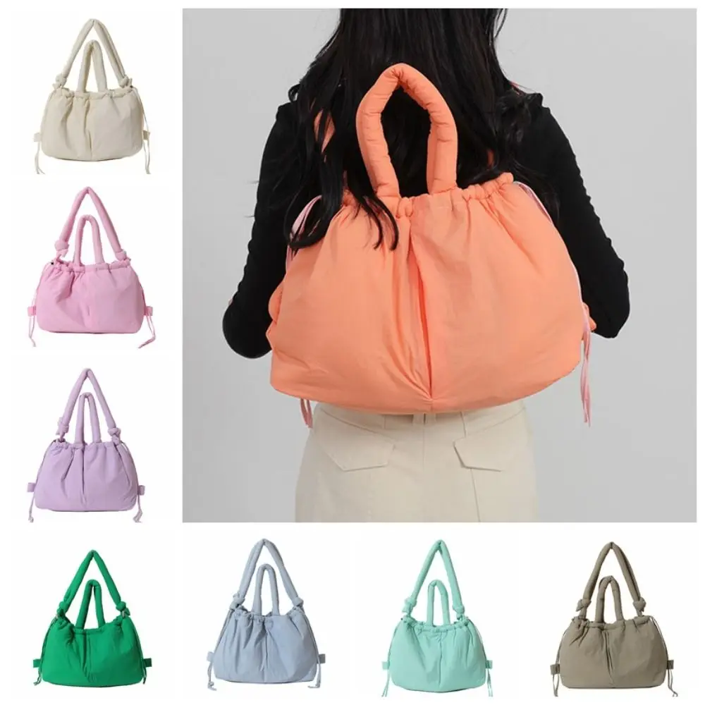 Solid Color Drawstring Tote Bag Knotted Strap Dual-purpose Nylon Padded Tote Bag Lightweight Large Capacity Puffer Backpack