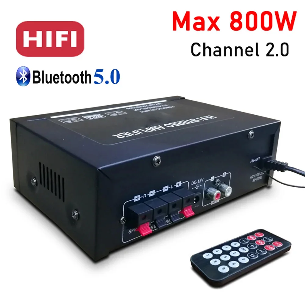 

2.0 Channel Smart Home Power Amplifier Bluetooth 5.0 Surround Sound FM USB Remote Control Digital Power Amplifier HIFI Amplifier