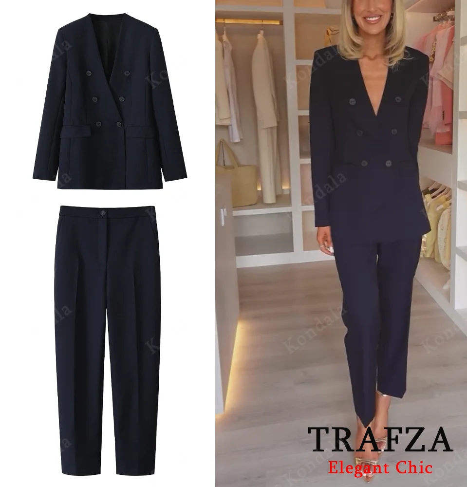 

KONDALA Elegant Women V-Neck Double Breasted Suit Jacket OR Straight Leg Pants New 2025 Fashion Spring Fall Commuting Blazer Set