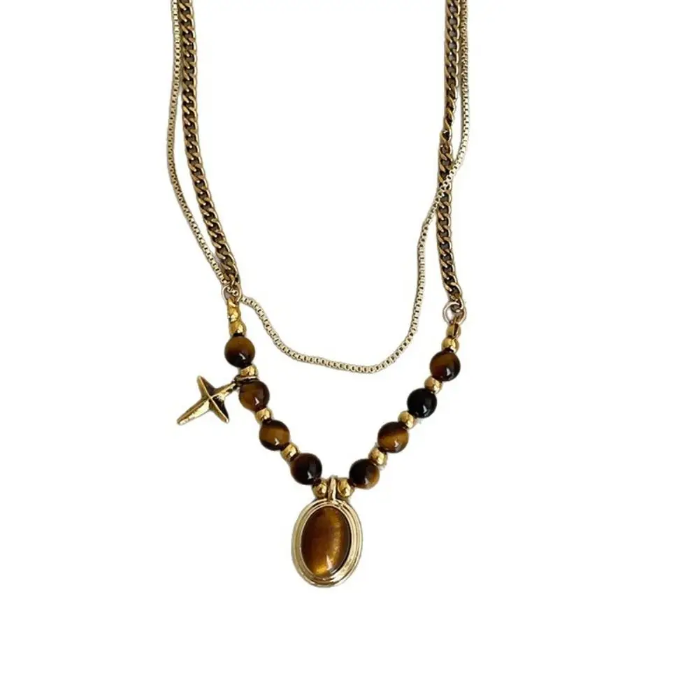 New Brown Stone Pendant Necklace Gothic Stacking Clavicle Chain Beads Double-Layer Sweater Chain Jewelry