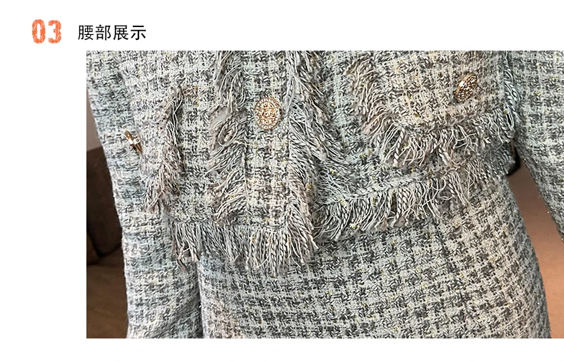 High Quality Autumn Elegant Tassels Tweed Woolen Cropped Jacket Coat Coat + Slim Long Skirts Two Pieces Set Suit For Women