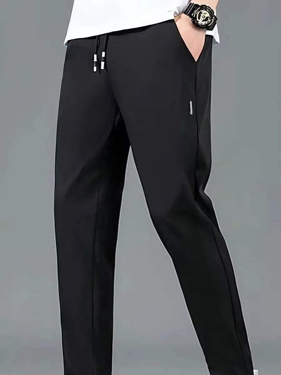 

2025 Ultra-thin Elastic Men Casual Trousers Summer Quick-drying Ice Silk Slim Straight Business Solid Color Trousers Black Gray