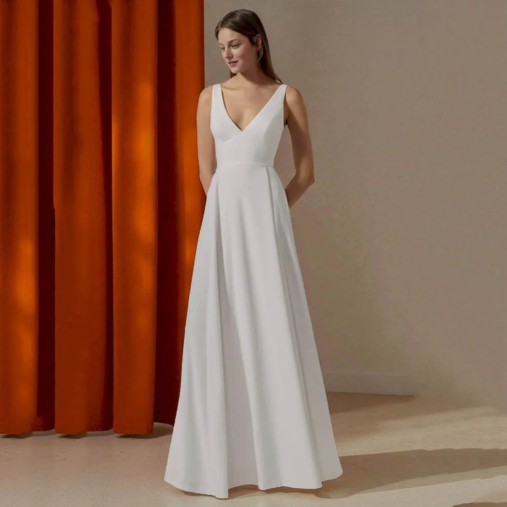 

Simple V-Neck Wedding Dresses 2025 A-Line Backless Brides Dress For Women Crepe Civil Evening Bridal Dresses Customized