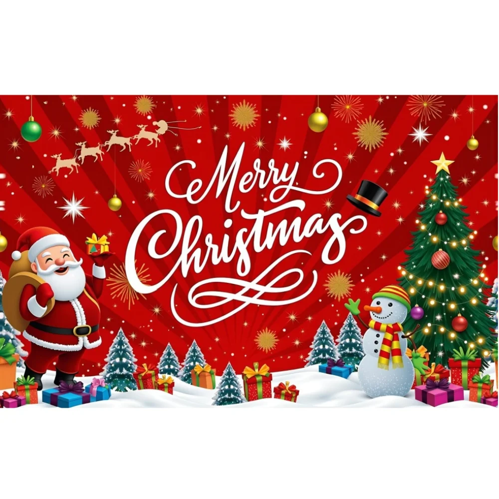 Christmas Red Banner Decoration Snowman Christmas Tree Santa Claus Merry Christmas Backdrop Hanging Party Supplies 180*110cm