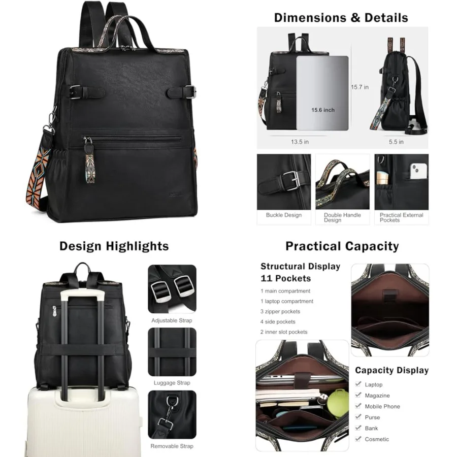 

Leather Laptop Backpack for Women, Designer Ladies Work Travel Computer Backpack with Laptop Compartment Purse Black
