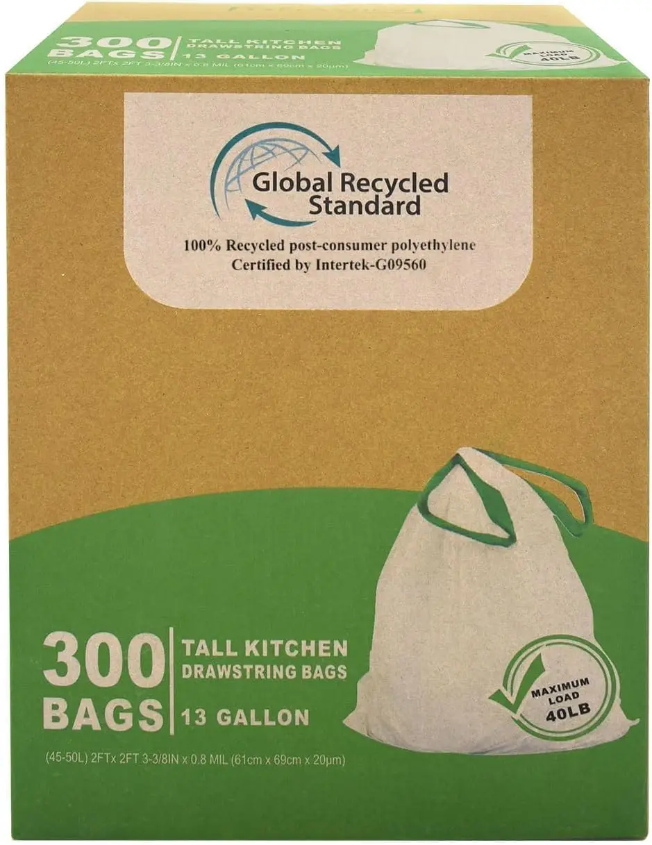 

300 Count 13 Gallon Tall Kitchen Drawstring Trash Bags, Eco-Friendly Recycled Material, GRS Compliant