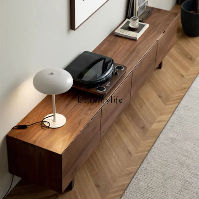 Black walnut floor-to-ceiling TV cabinet Nordic small apartment audio-visual cabinet