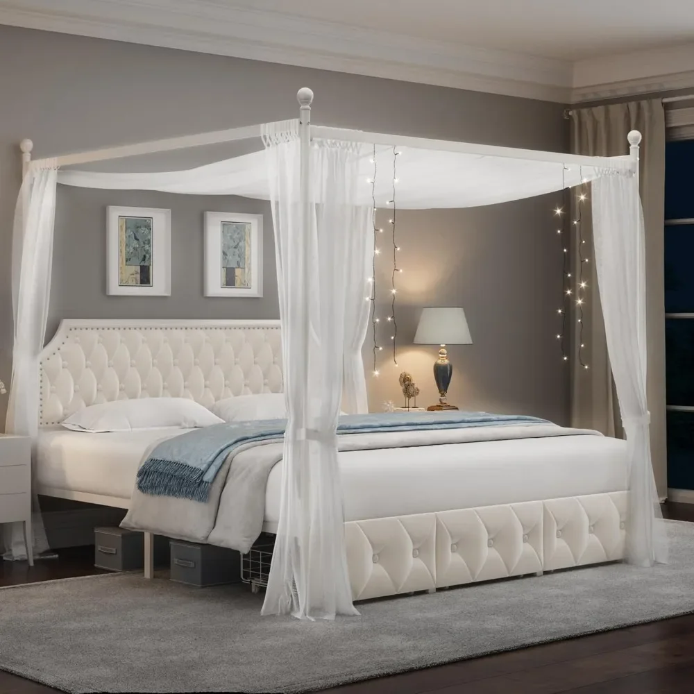 Upholstered canopy bed frame, 3 drawer headboards, 4 removable pillar platform beds, no springs, beige/curtains not included