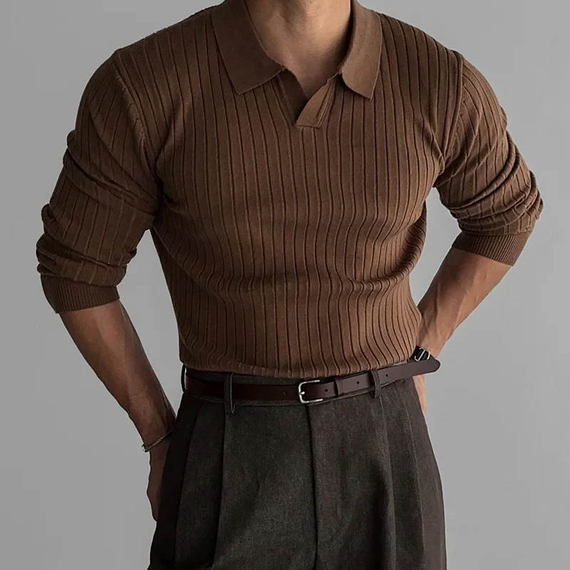 

Autumn Clothing Men's Ribbed Knit Sweater V Neck Polo Shirts Casual Long Sleeve Polo Shirt Korean Pullover Tops Leisure Knitwear