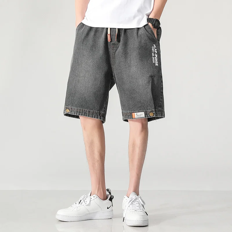 

Men's Clothing Elastic Drawstring Casual Denim Shorts Korean Loose Stylish Button Pockets Spliced Summer Mid Waist Knee Pants