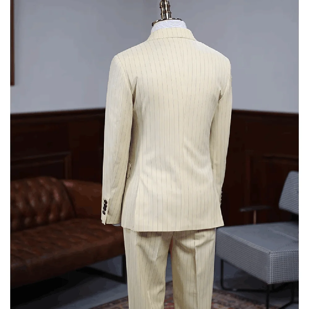 Beige Vertical Stripes Men Suits High-end Peak Lapel Double Breasted Suit Slim Fit Business Casual Wedding Tuxedo 2 Piece Blazer