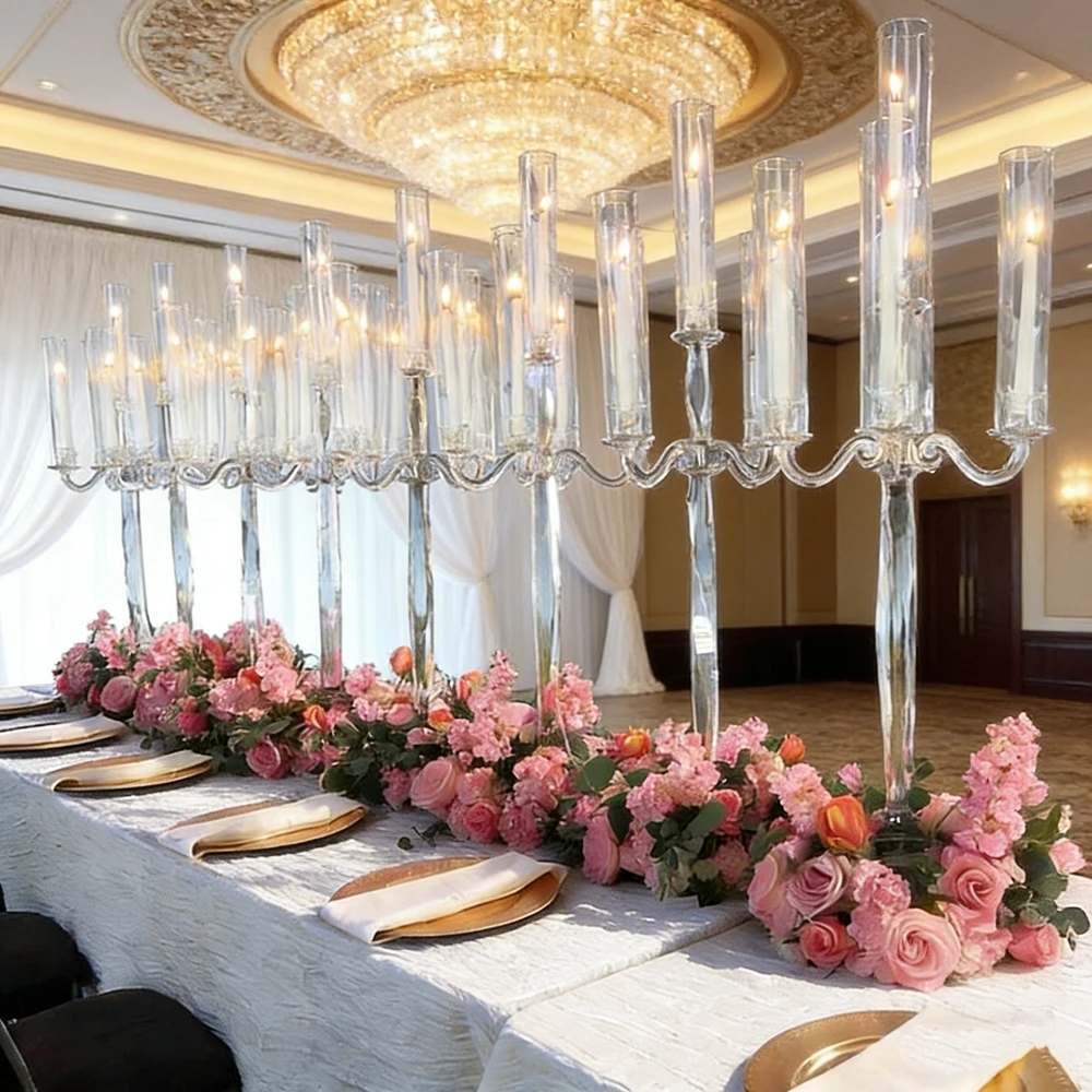 1-10pcs)5 Arms glass Crystal Candelabra with Glass Hurricane Cups Wedding Candelabra Centerpiece