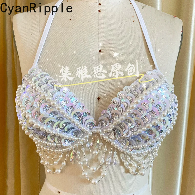 

Original Handmade Mermaid Bra Corset Vacation Style Beach Women Bikini Sets Pearl Shell Beading Tassel Free Diving Swimsuits