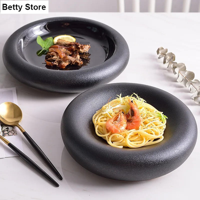 Japanese Style 9 Inches Dinner Set Plates and Dishes Matte Black Ceramic Dishes Round Deep Dish Pasta Plate Dishes Dessert Dish