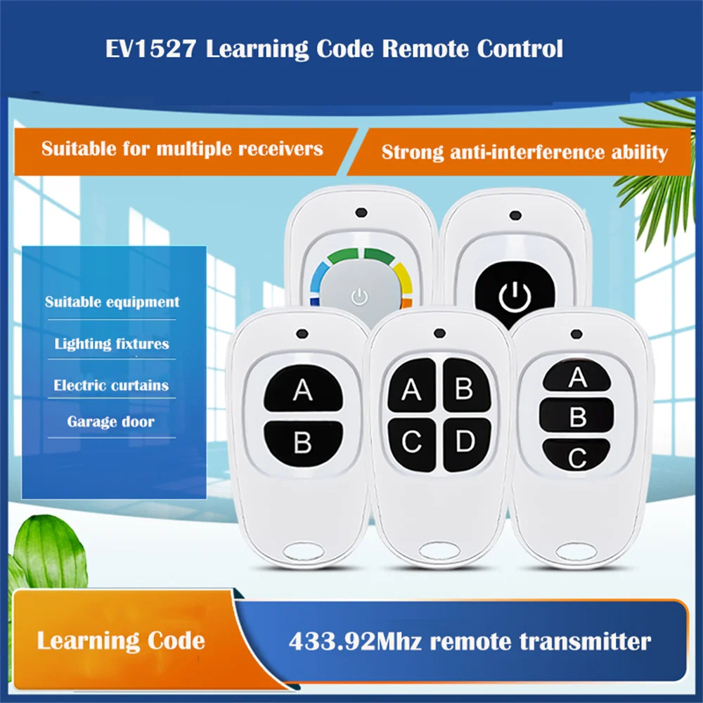 433MHz Remote Control Learning code 1527 EV1527 For Gate garage door controller Alarm RF 433mhz Receiver included Battery