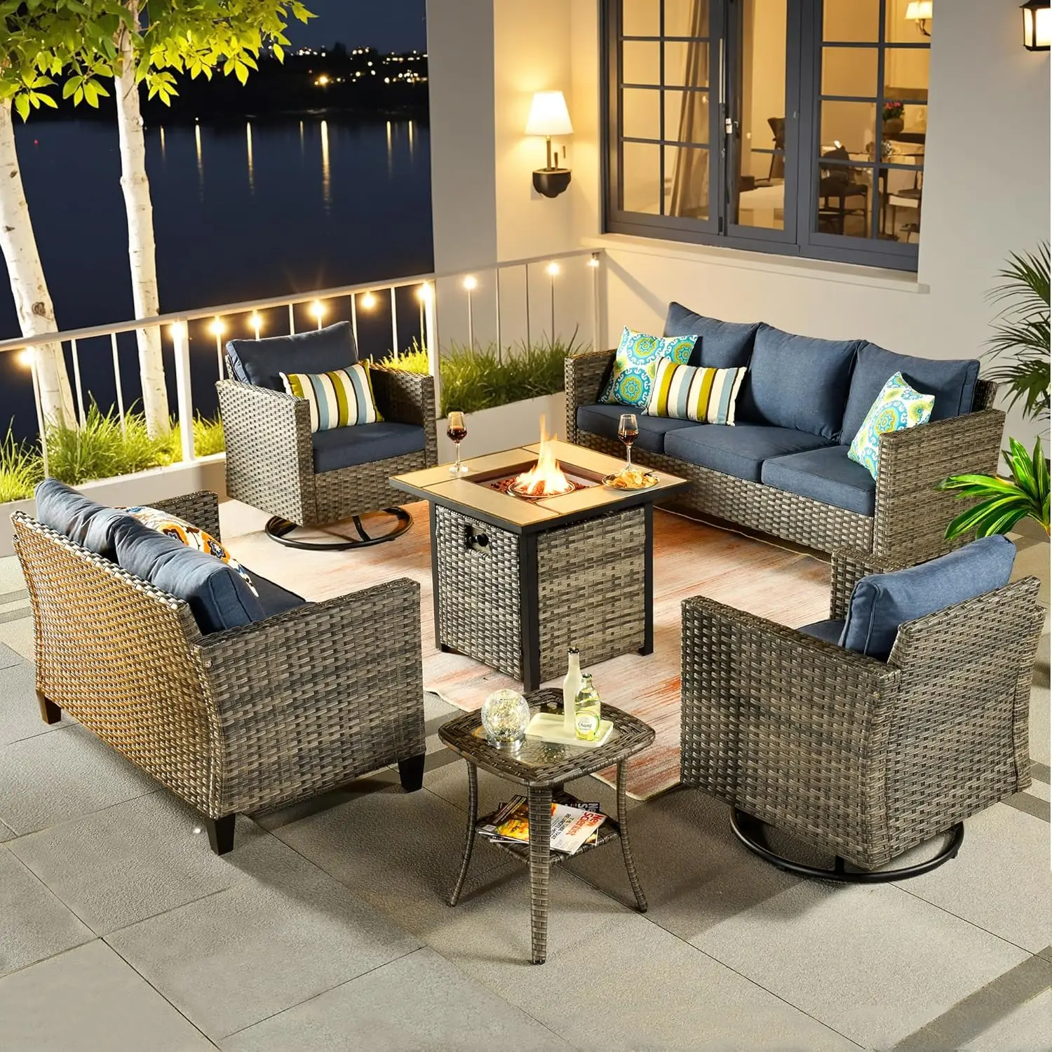 

6pc Patio Set Fire Pit Table Swivel Rocker Loveseat Outdoor Wicker Conversation Deck Porch, Customized