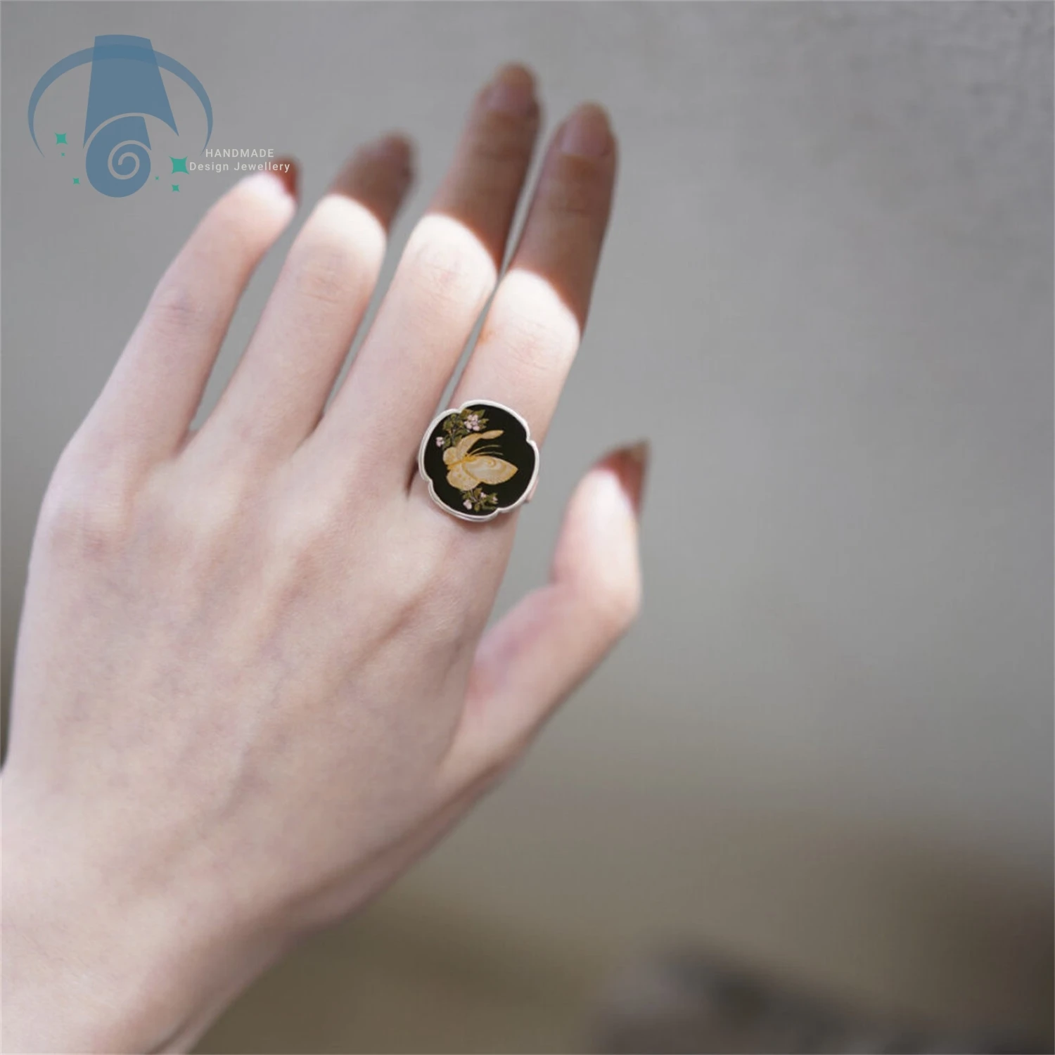 Chinese Lacquer Plum Blossom Ring Black Lacquer Sculptural Statement Ring Intangible Heritage Handcrafted Jewelry for Women Arti