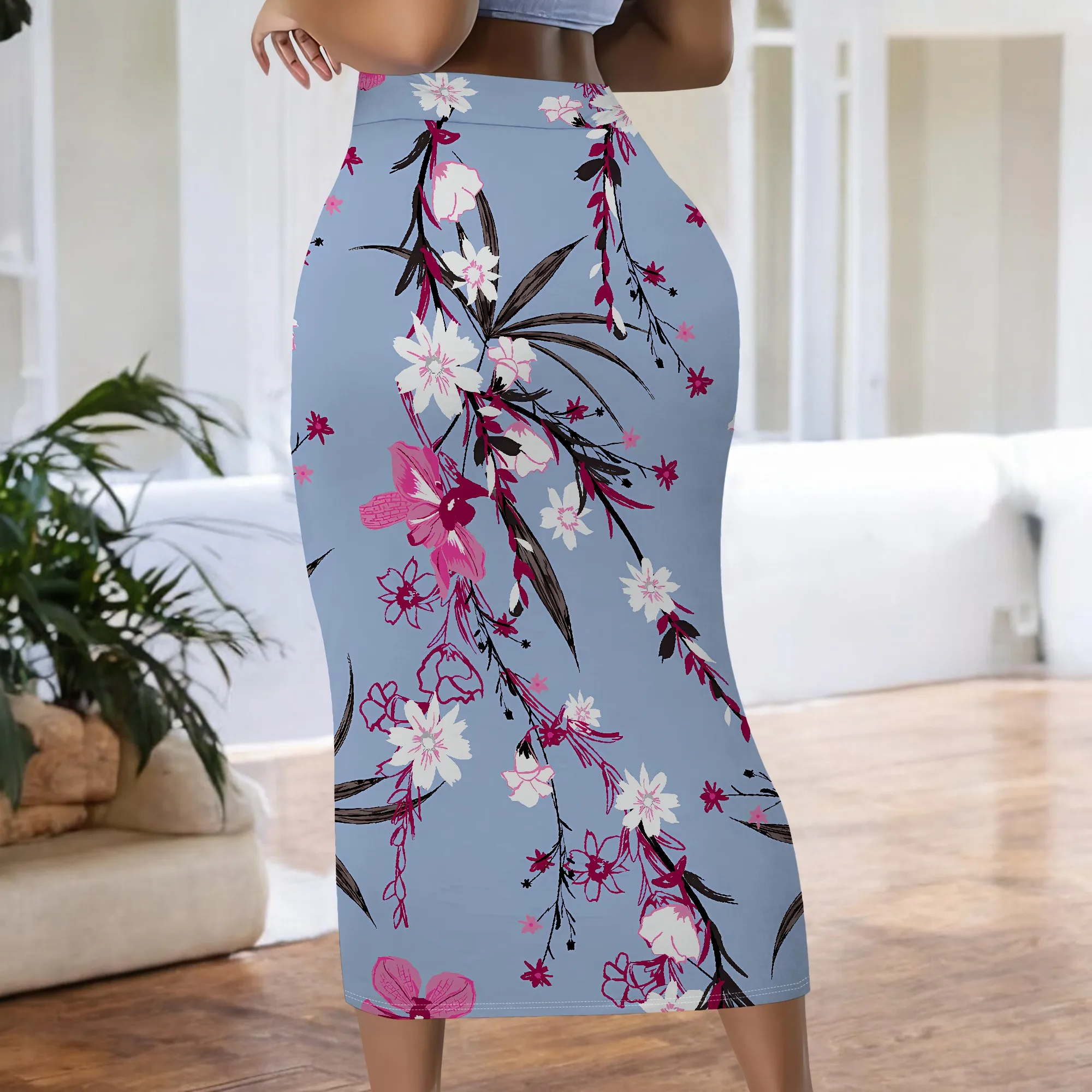 Blumendruck-Midirock, Rosa Blumen-Bleistiftrock, Blauer Botanischer Bodycon-Rock für Damen Büro- und Partykleidung, S-2XL – Detail 6