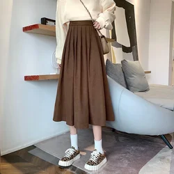 Fashion High Waist Pleated Skirt Women Korean Elegant College Style Midi Skirt Ladies Autumn Winter Thick A-line Skirts