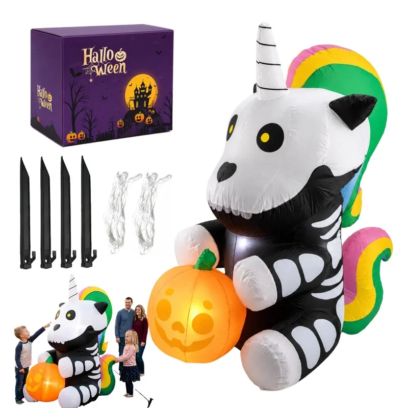 Décoration de jardin en forme de licorne avec crâne gonflable, 152 cm, ornement léger à gonfler avec pompe à air intégrée et lumières LED, décoration gonflable d'extérieur pour le jardin, Halloween et les soirées.