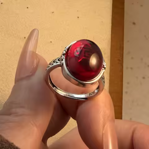 925 Sterling Silver Rings for Women Couple Minimalist Handmade Simple Red Big Stone Ring Fine Jewelry Gift Prevent Allergy