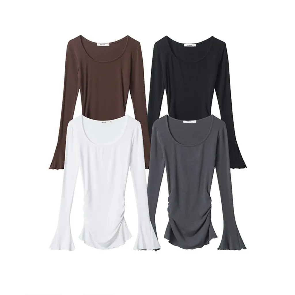 

HeyHenry Women's Ruffle Design Horn Sleeve T-shirt European American Fashion Sweet Spice Girl Irregular Slim Long Sleeve Top