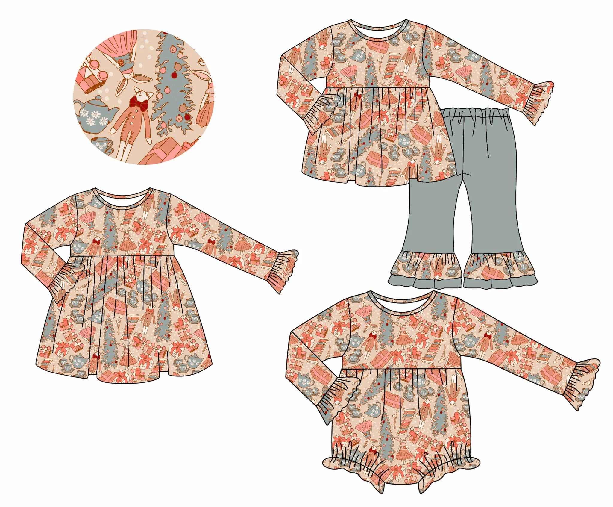 

Girls 3-piece set boutique children's set Christmas long-sleeved lace Christmas tree print trousers lace girl set baby jumpsuit