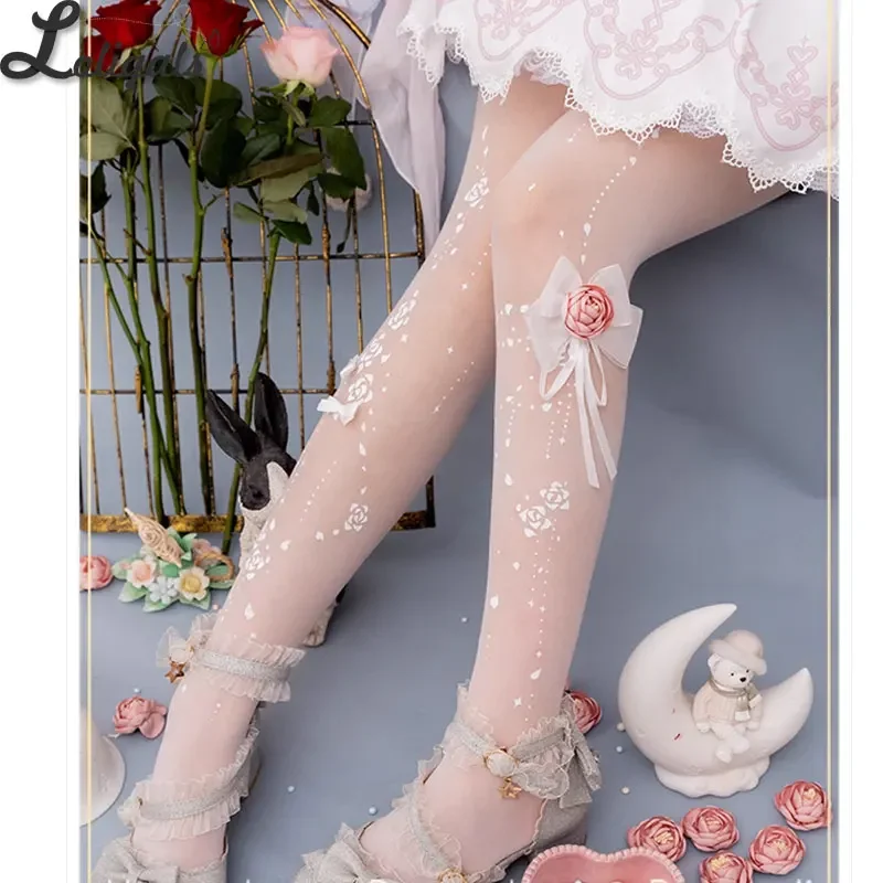 Yidhra-Collants Sweet Lolita transparents, collants de mariage, motif rose, été