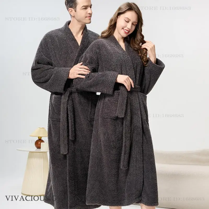 Winter New Coral Fleece Couple Long Robe Sleewpear Plush Warm Flannel Nightwear Homewear Thicken Loose Male Loungewear Pajama