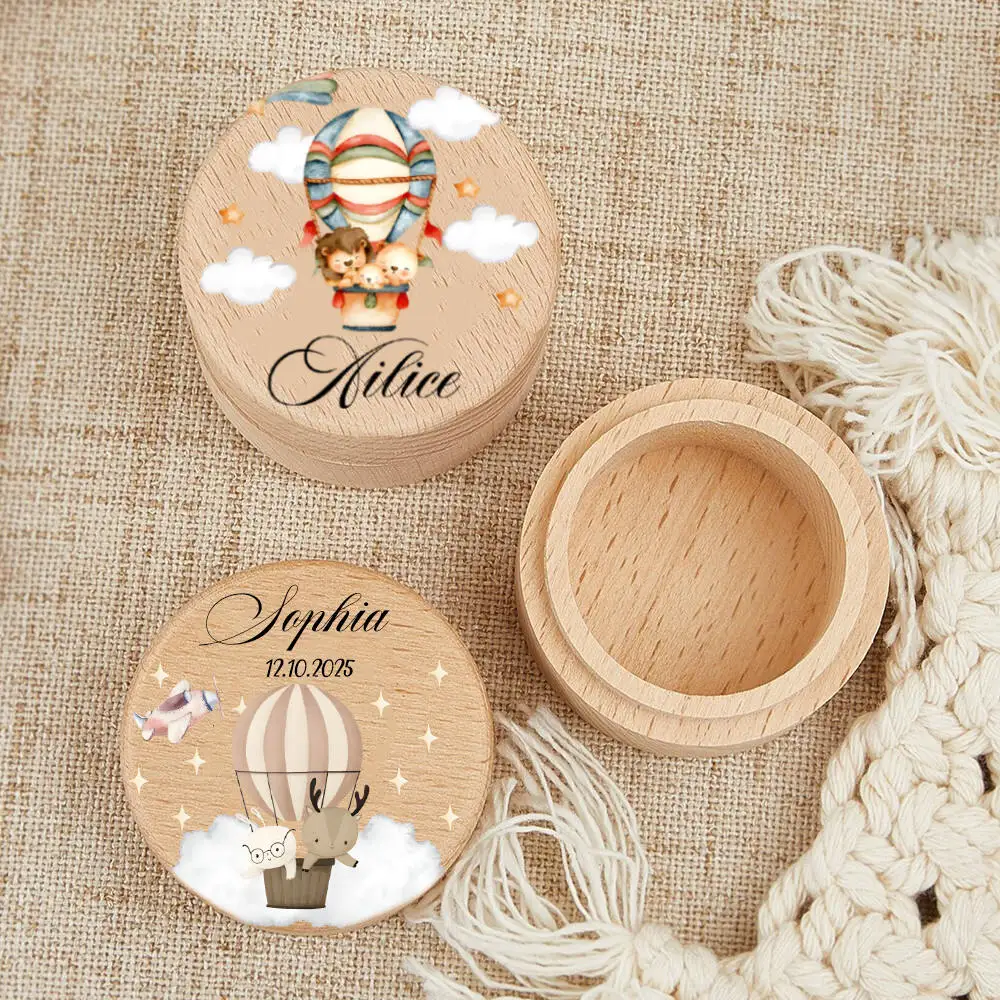Custom Name Cartoon Animals Printed Wood Box Wood Baby Tooth Box Children's Replacement Tooth Collection Box Baby Shower Gift