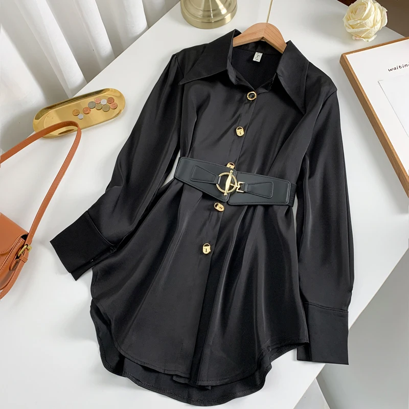 Blouses Spring Fashion Medium Shirts White Black Long Sleeve Shirt Top For Women Belt Lace Up Blouse Elegant