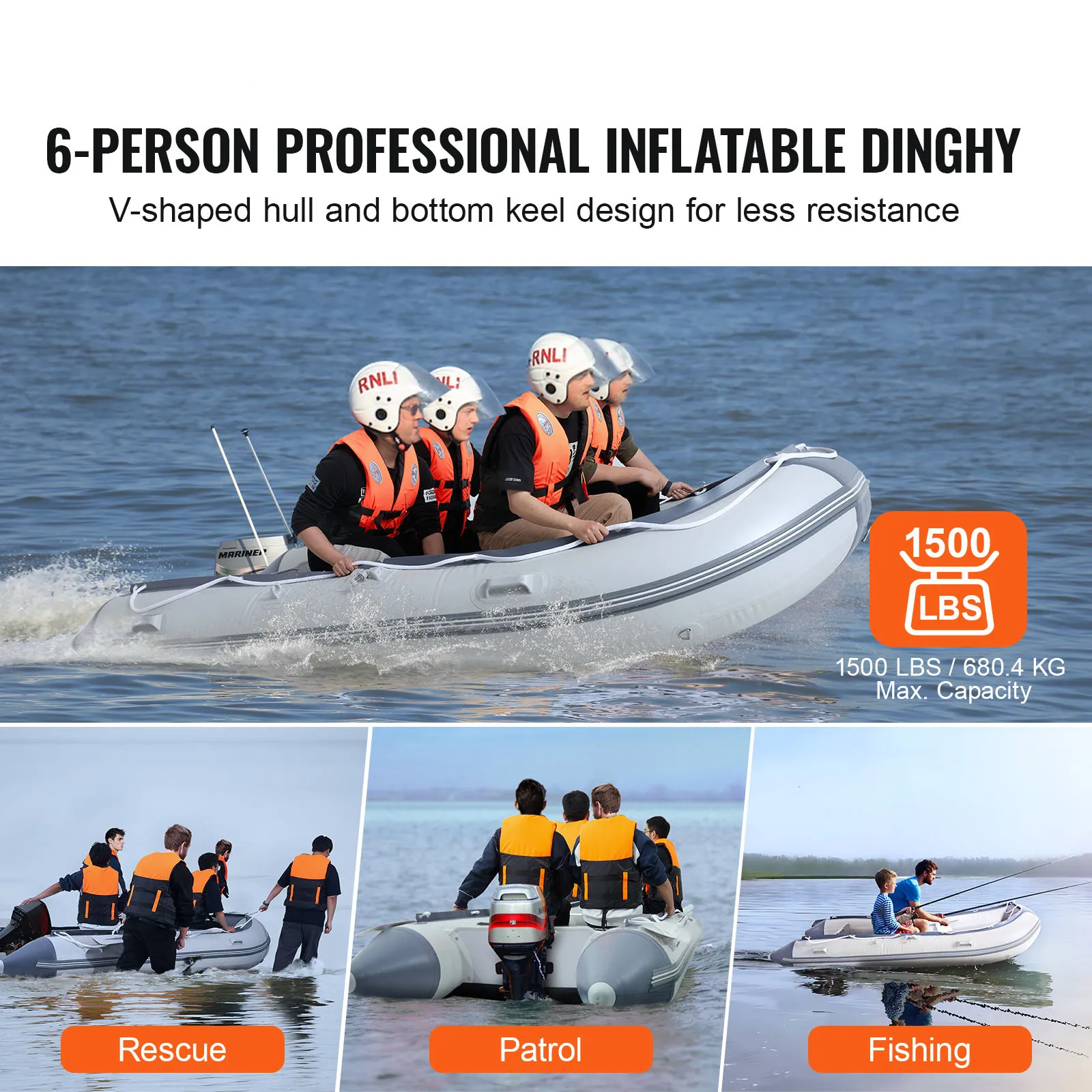 SucceBuy Inflatable Dinghy Boat 6-Person Transom Sport Tender Boat Marine Wood Floor and Adjustable Aluminum Bench Oars Air Pump