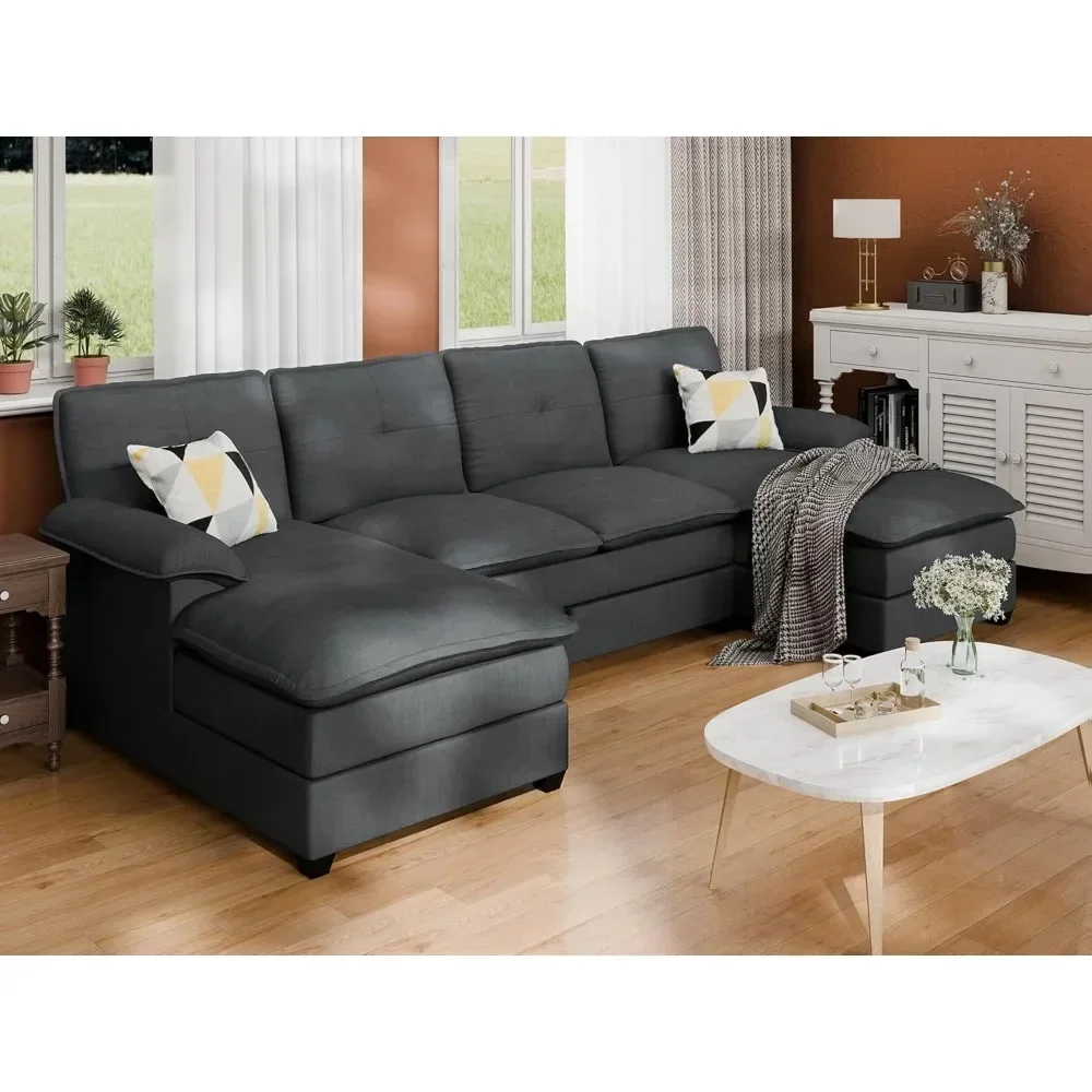 U-shaped living room sofa, 4-seater sectional sofa with double chaise longue, modern fabric sectional sofa bed