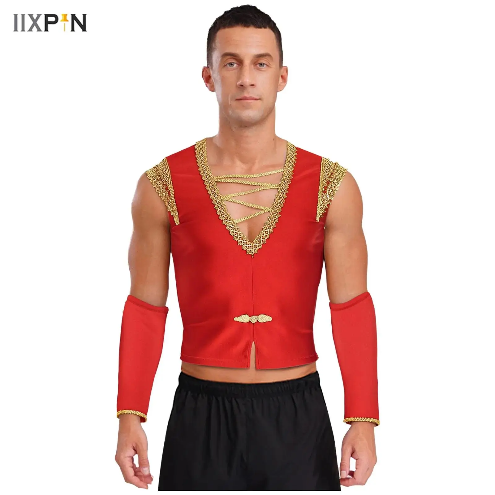 

Mens Arab Prince Vest Medieval Halloween Cosplay Costume V Neck Gold Trim Frog Button Tank Tops Waistcoat+Removable Sleeves