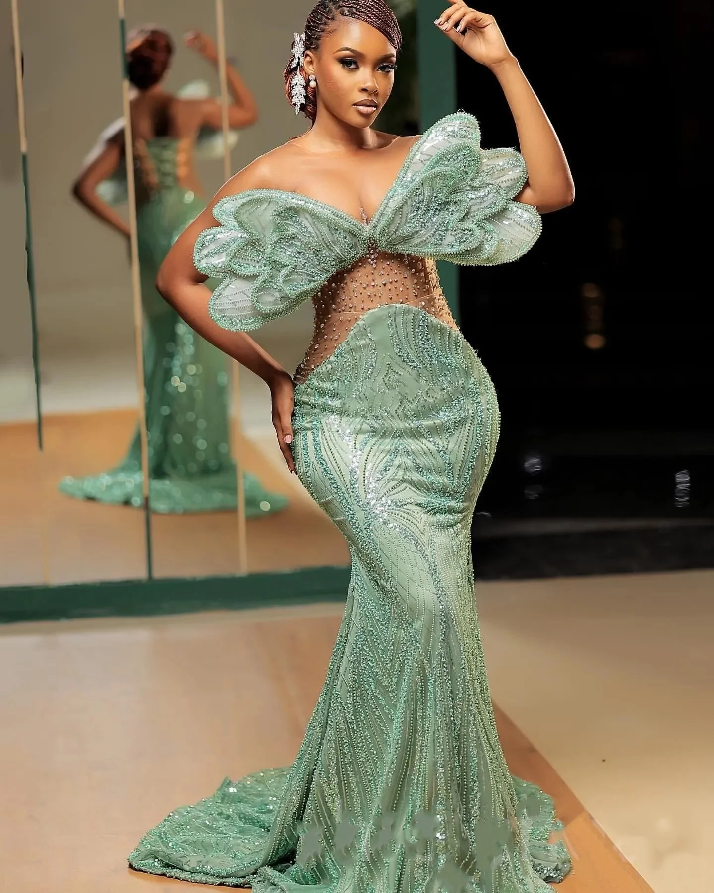 

Sage Illusion Mermaid Prom Dresses For Special Occasions Rhinestones Sequined Lace Evening Formal Party Reception Birthday Engag