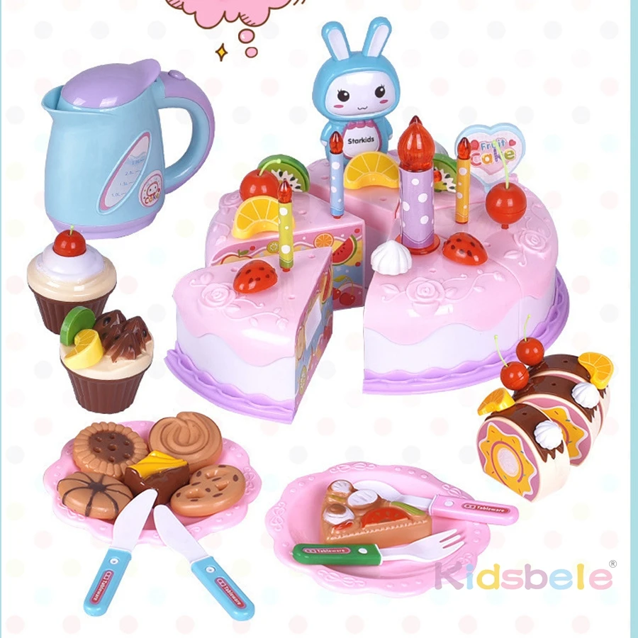 أضواء الأطفال الغناء DIY التظاهر كعكة الكوكيز مجموعة محاكاة ألعاب المطبخ قطع الفاكهة الغذاء لعب للطفل هدية عيد ميلاد