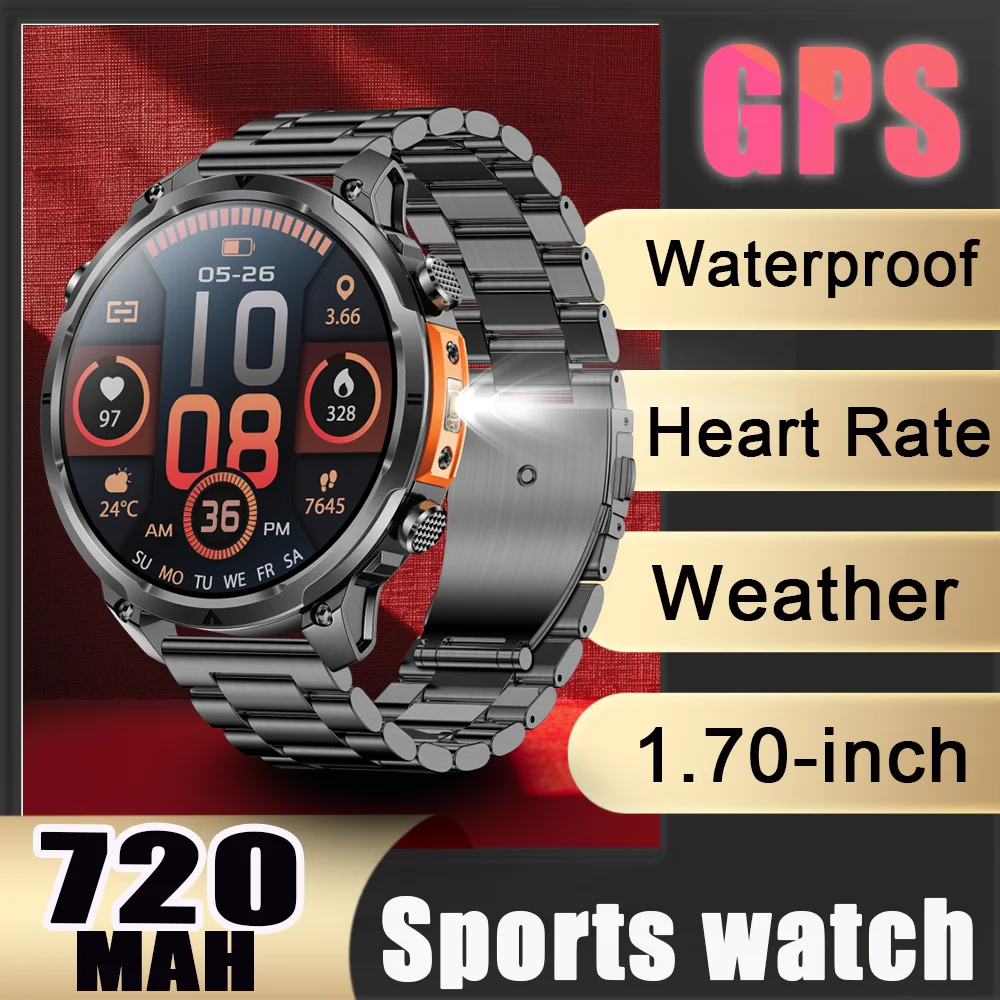 

2026 NEW Smart watch 1.70''HD screen 720mAh Large battery 100+Sports Modes GPS Waterproof Bluetooth call LED Flashlight Compass