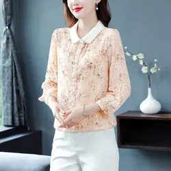 2024 New Spring and Autumn Korean Commuting Minimalist Fashion Versatile Chic Blouses Lapel Print Panel Button Women's Shirt Top