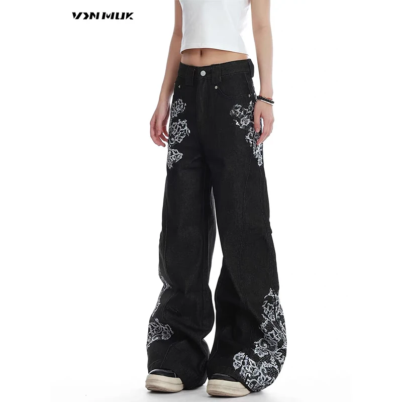 ZHIZOU American Pattern Embroidery Baggy Black Jeans Women High Street Vintage Y2K Hip Hop Fashion Casual Wide-leg Pants Autumn