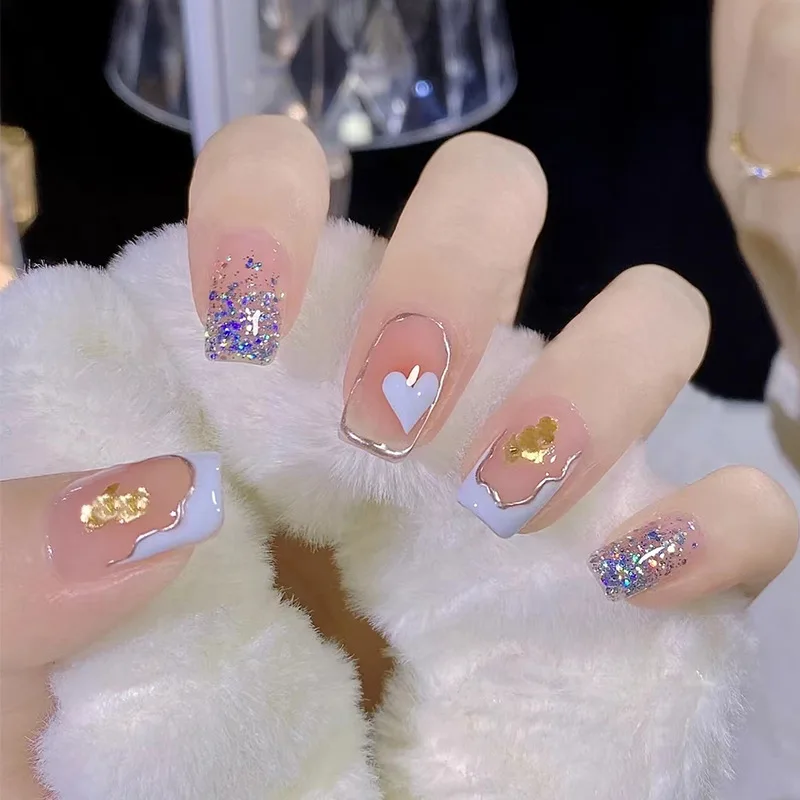 

24Pcs Creamy Blue French Press-On Nails – Short Square Shape With Heart Accents Elegant & Dreamy Style