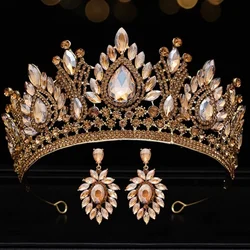 DIEZI Baroque Luxury Water Drop 6 Colors Crystal Tiara Crown For Women Party Jewelry Bridal Crown Earrings Wedding Hair Jewelry