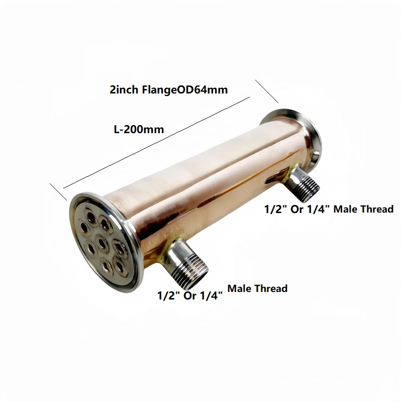 2inch FlangeOD64mm,Copper Sanitary Dephlegmator,L-200mm,8 Pipes Inside ID 8mm,Reflux,Condenser For Distillation