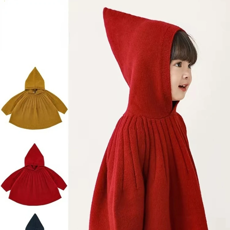 Kids Girls Cloak Coat Spring Autumn New Children Hooded Loose Knit Sweater Korean Baby Princess Clothes