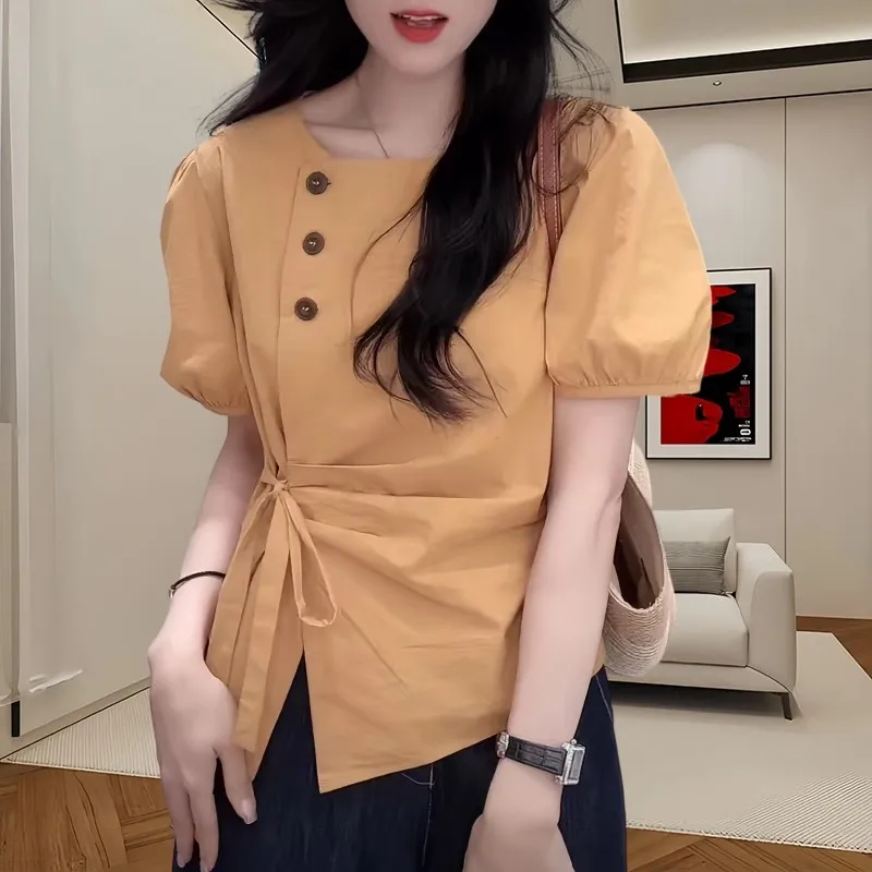 

Женский летний новый топ из шифона с бантом, приталенный, свободного кроя, в корейском стиле, для повседневной носки