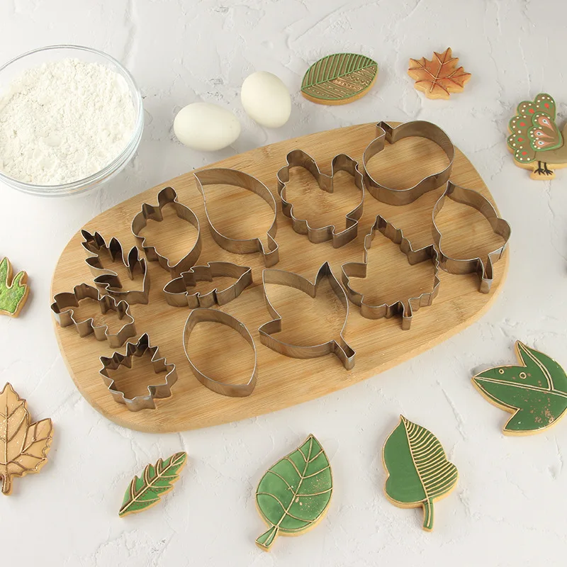 DIY12Pcs Set Fondant Leaf Cake Mold Thanksgiving Cookie Cutters Stamper For Biscuit Pastry Mousse Baking Decoration Tools