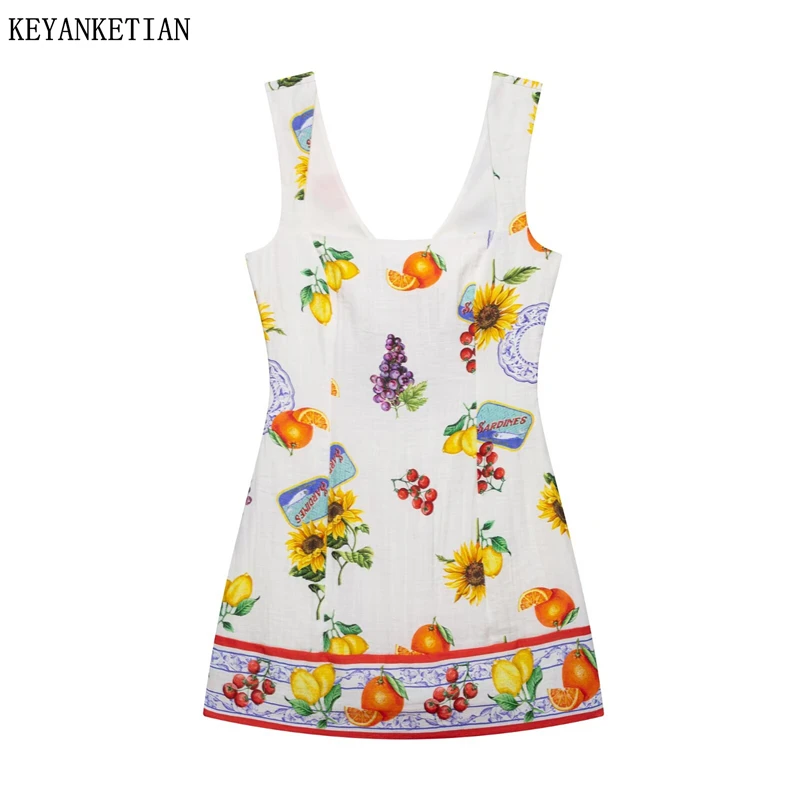 KEYANKETIAN Summer New Holiday wind Fruit Flower Print Sleeveless Mini Dress Bow Lace Up Backless Slim Women's Short Dresses