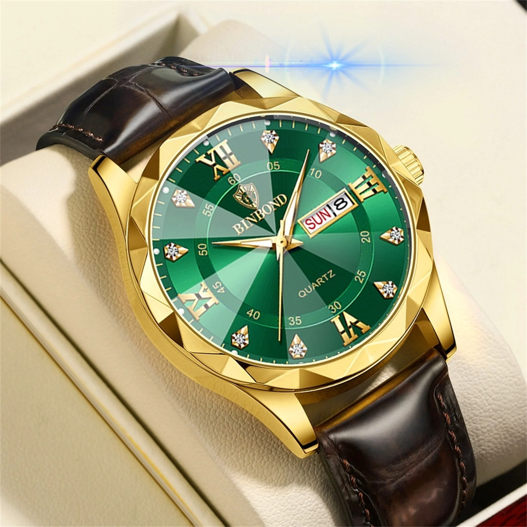 

Men's Wristwatch Waterproof Classic Business Watch Rhinestone Calendar Date Function Watch Brown Leather Strap Gift 2521