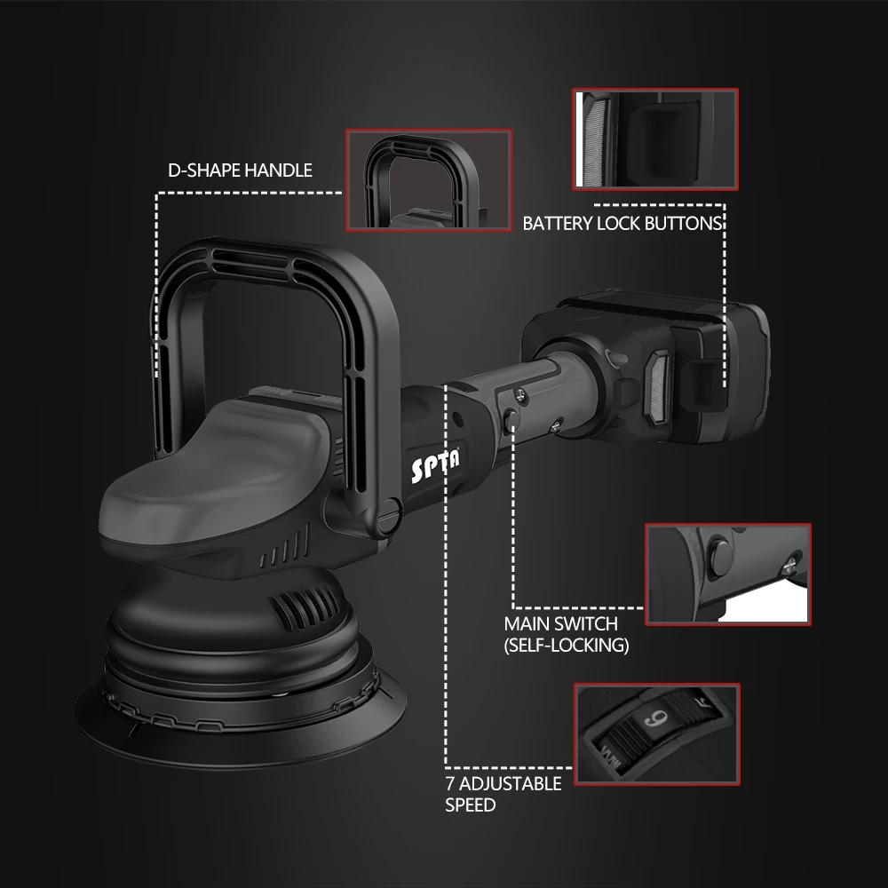 SPTA 20V 5Inch Fast Charge Cordless Car Polisher Dual Action 15mm Orbit Variable Speed Polishing Machine With 4000mAh Battery